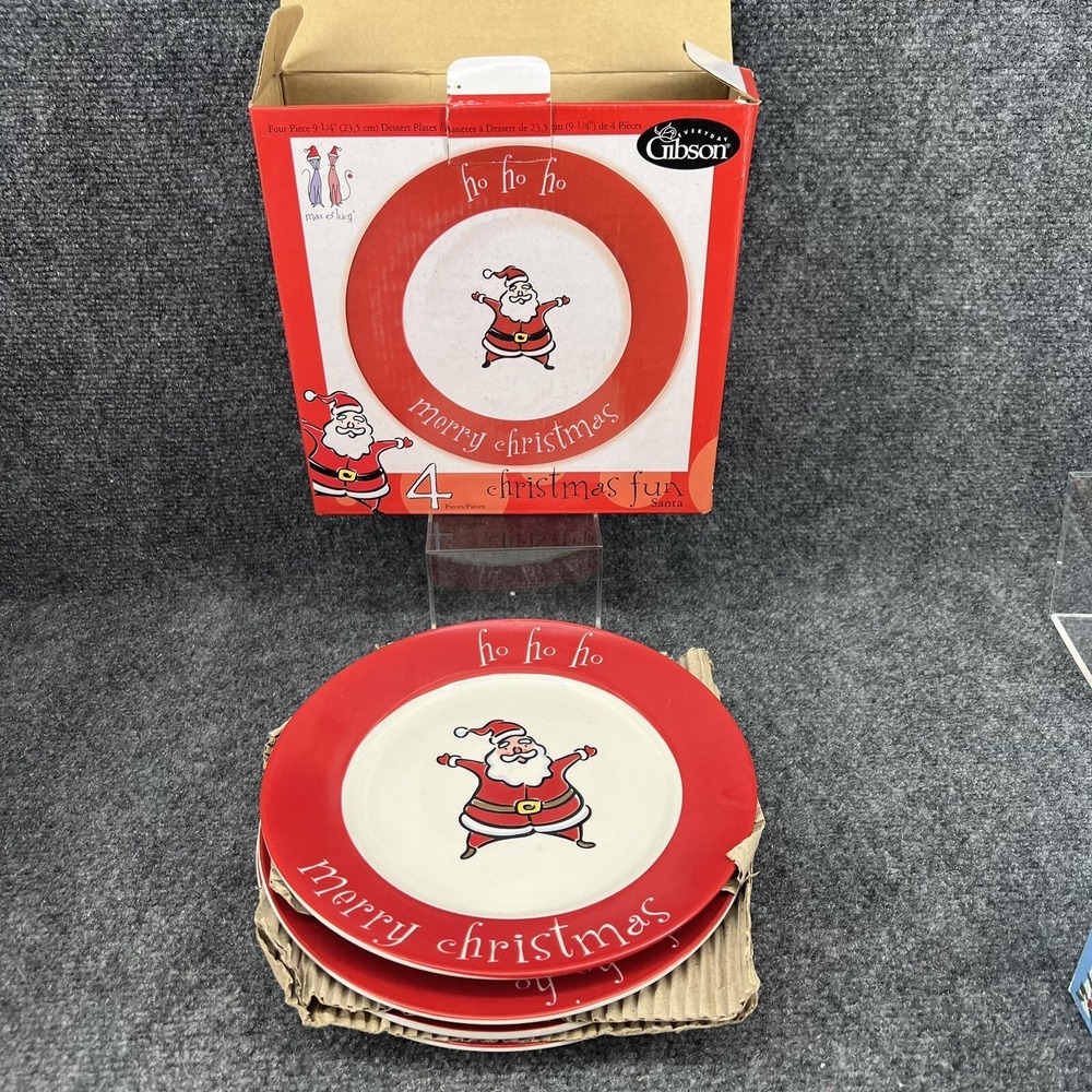 Hohoho Merry Christmas Santa 4 Pc 9 1/4"Dessert Plates In Box Gibson Max & Lucy
